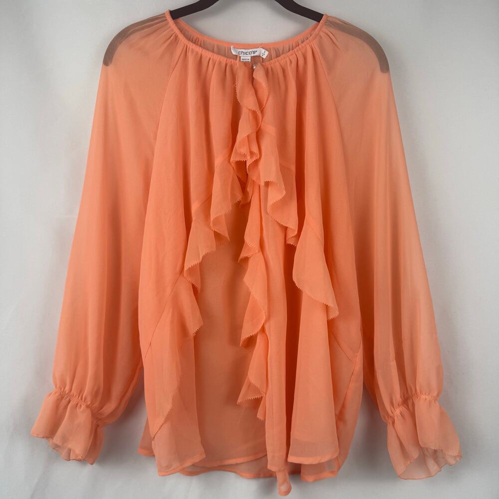 Chico's Sheer Ruffle Coral Blossom Pullover Long Sleeve Loose Fit Blouse NWT 16